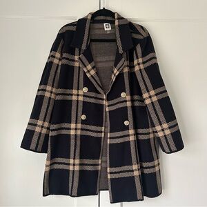 Anne Klein Midnight Camel Plaid Sweater Cardigan Double-Breasted Women's Coat XL